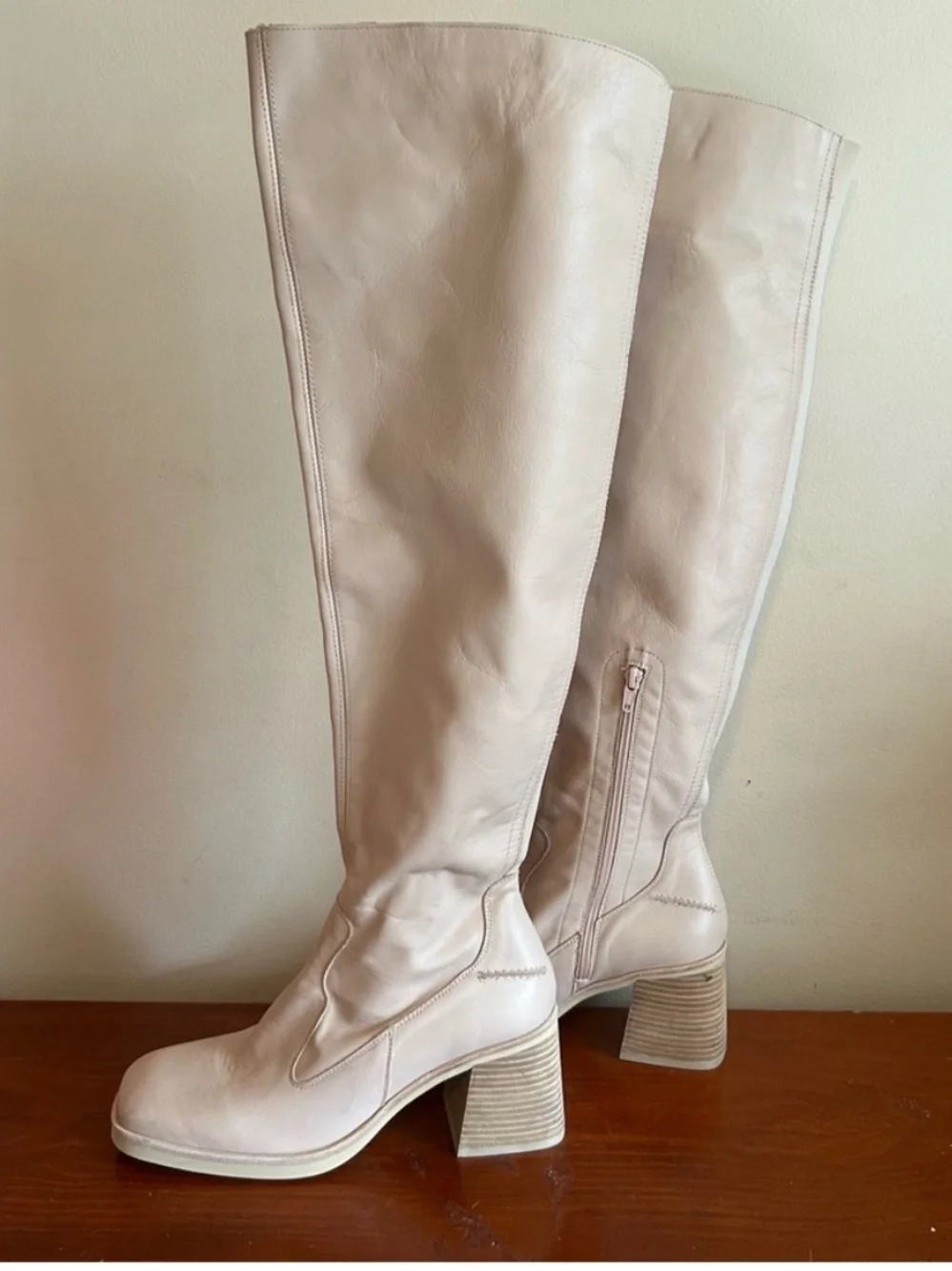 Free People Ivory Cream Leather Knee High Block Heel Boots EU 39.5 US 8.5